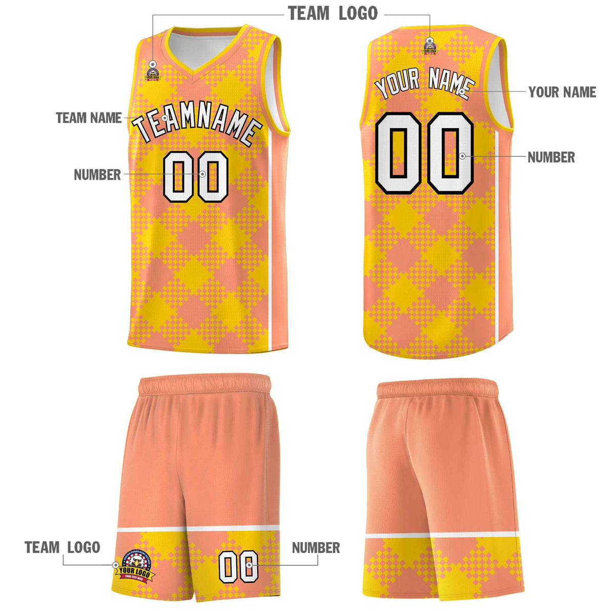 Personalized Light Orange Gold-White Grid Basketball Kits