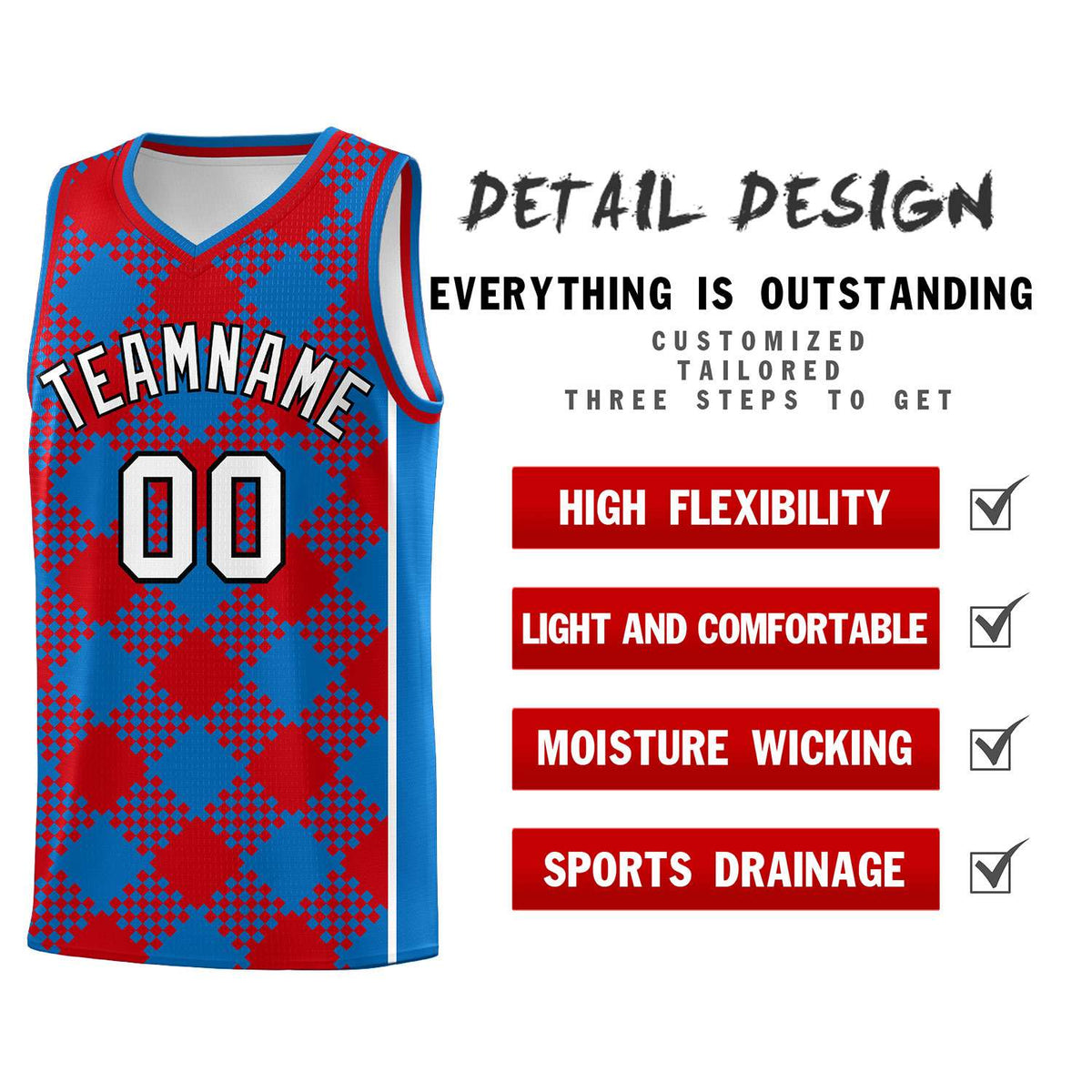 Personalized Royal Red-White Grid Basketball Kits