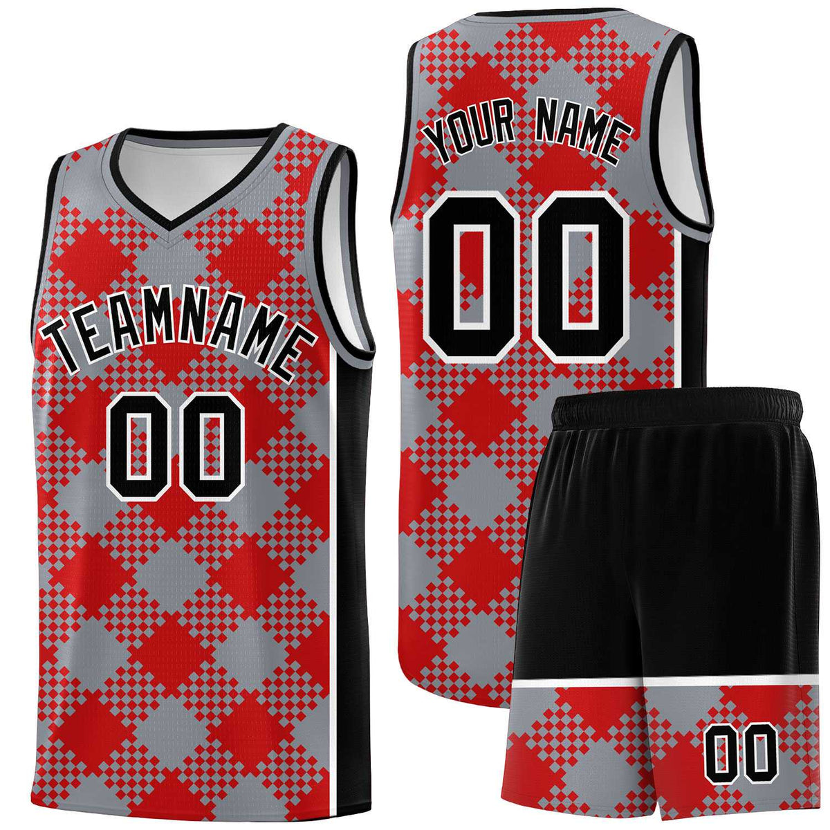 Personalized Gray Red-White Grid Basketball Kits