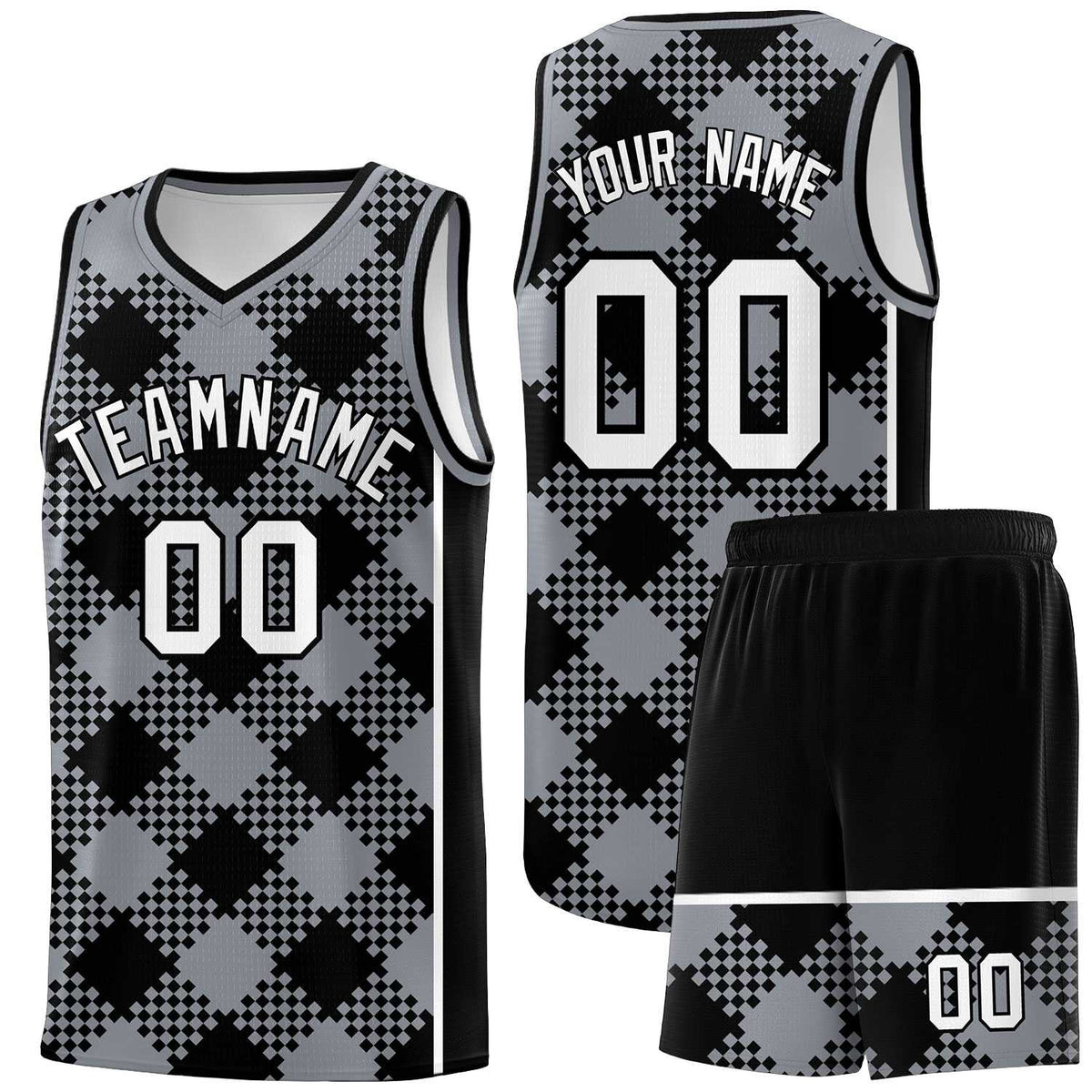 Personalized Gray Black-White Grid Basketball Kits