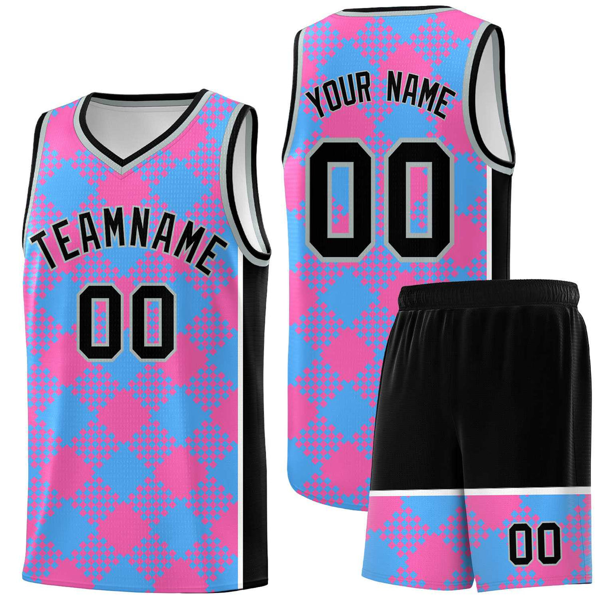 Personalized Powder Blue Pink-White Grid Basketball Kits
