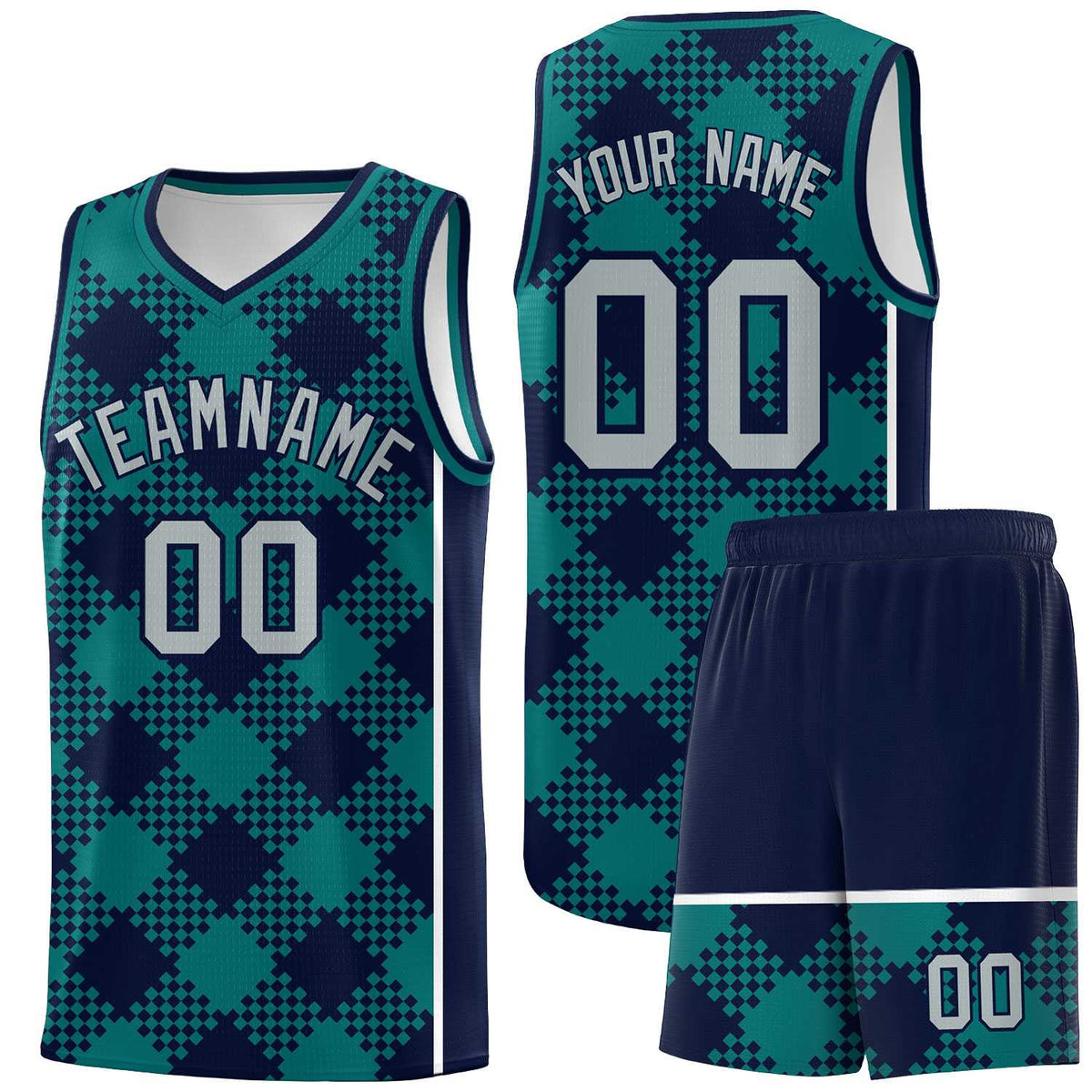Personalized Teal Navy-White Grid Basketball Kits