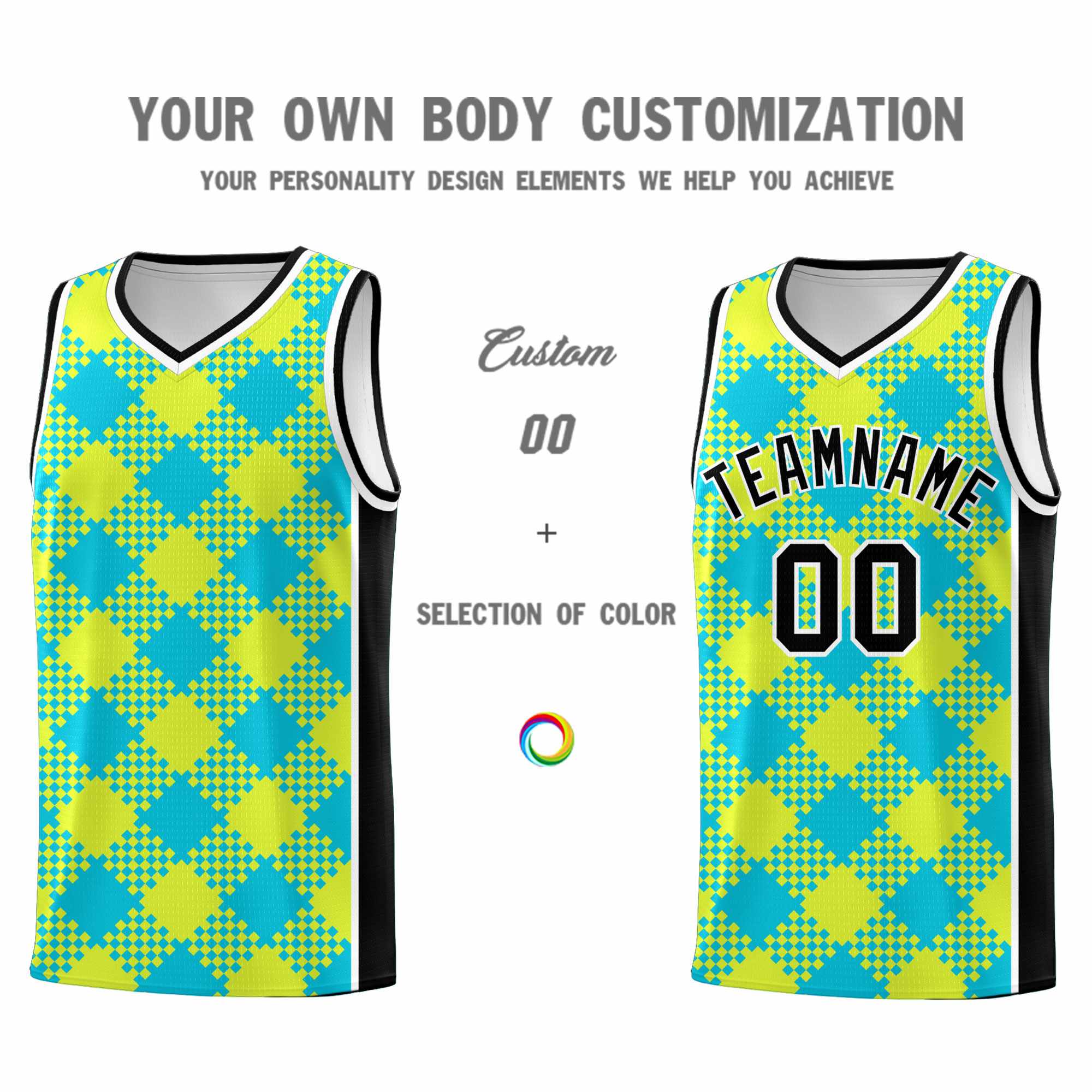 Personalized Sky Blue Fluorescent Green-White Grid Basketball Kits