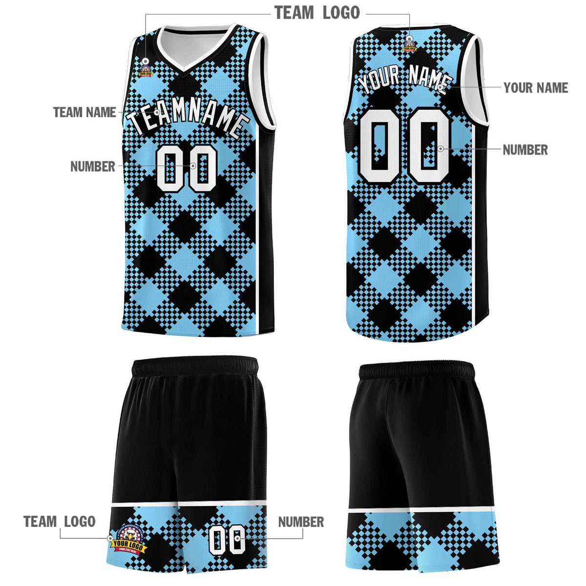 Personalized Light Blue White-Black Grid Basketball Kits