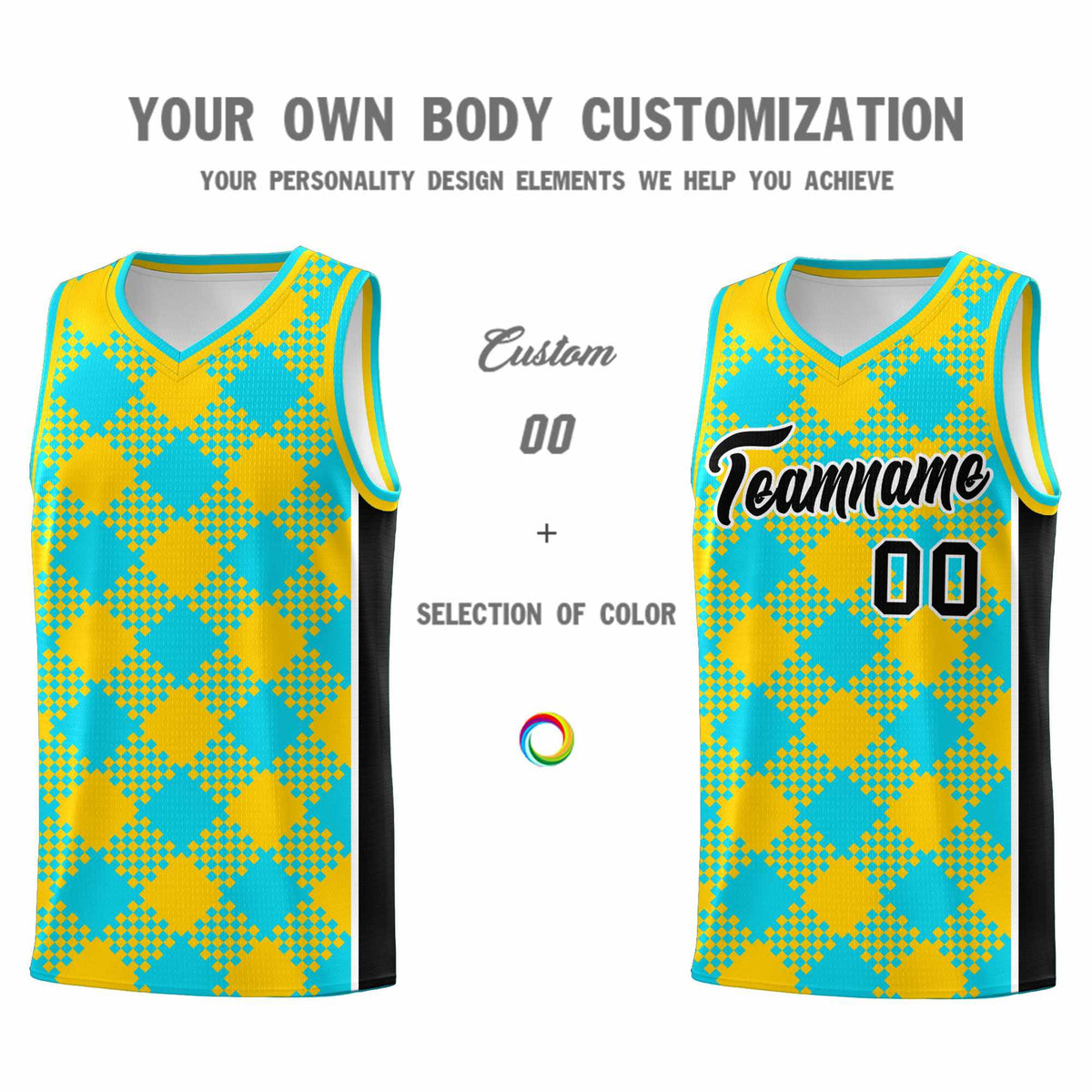 Personalized Sky Blue Gold-Black Grid Basketball Kits