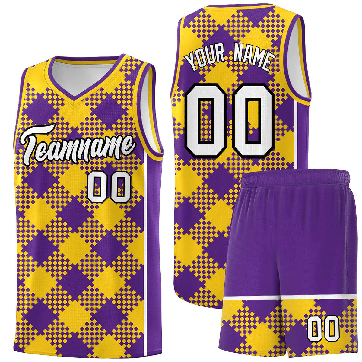 Personalized Purple Gold-White Grid Basketball Kits
