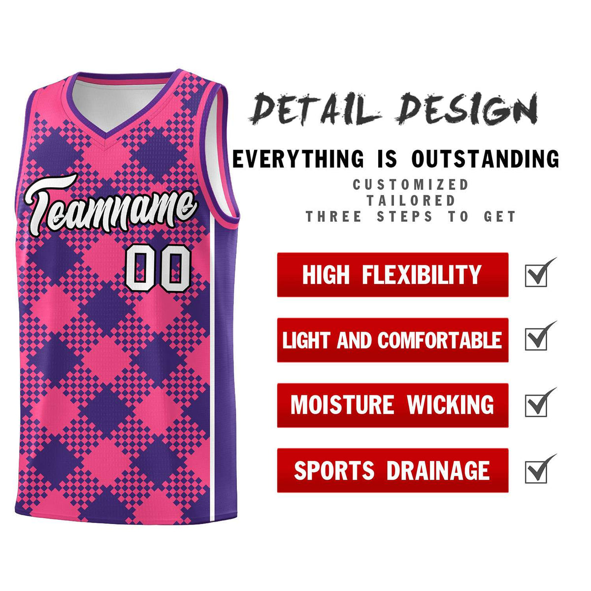 Personalized Purple Pink-White Grid Basketball Kits