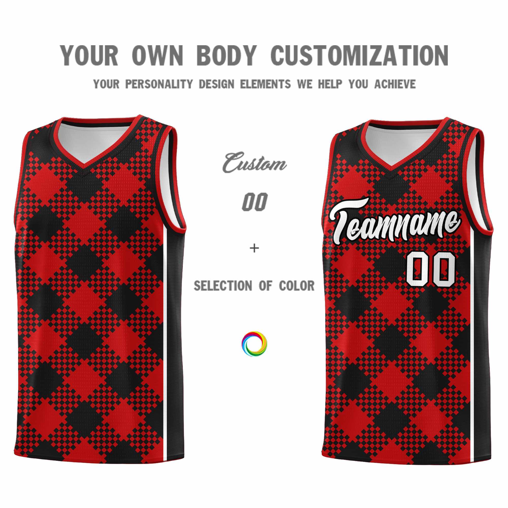 Personalized Red Black-White Grid Basketball Kits