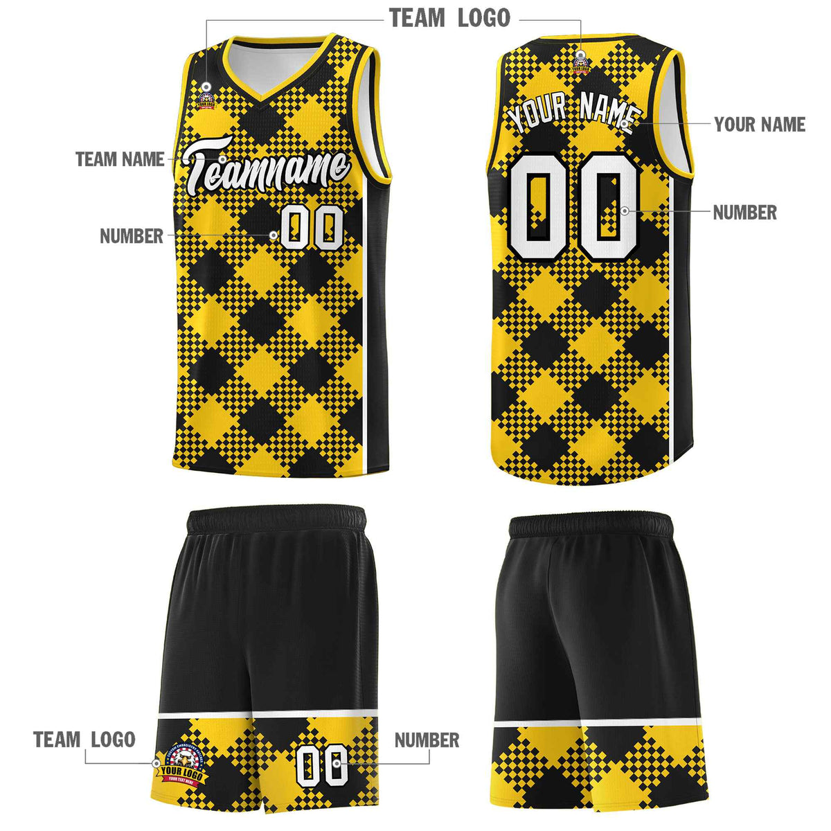 Personalized Gold Black-White Grid Basketball Kits