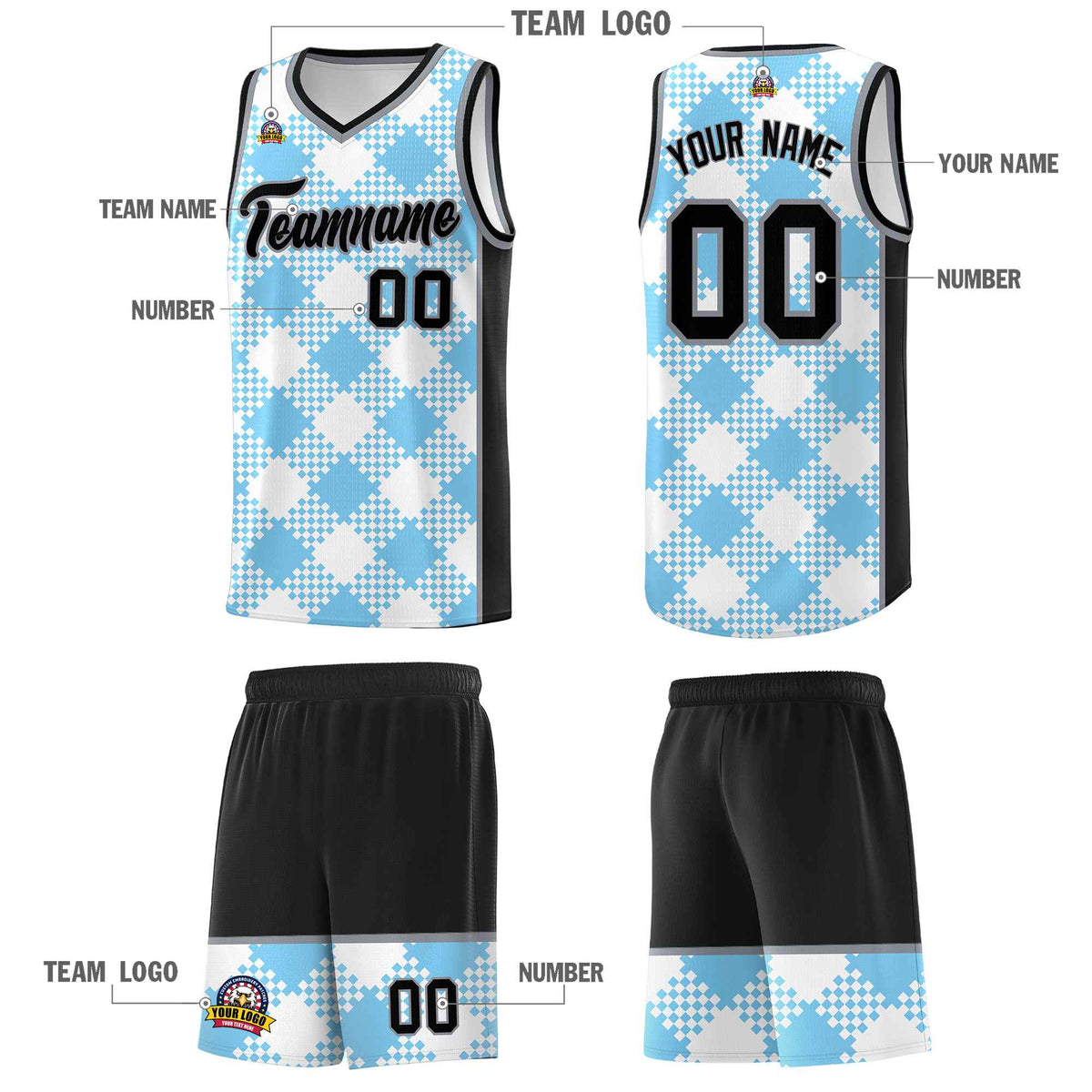 Personalized Light Blue White-Black Grid Basketball Kits
