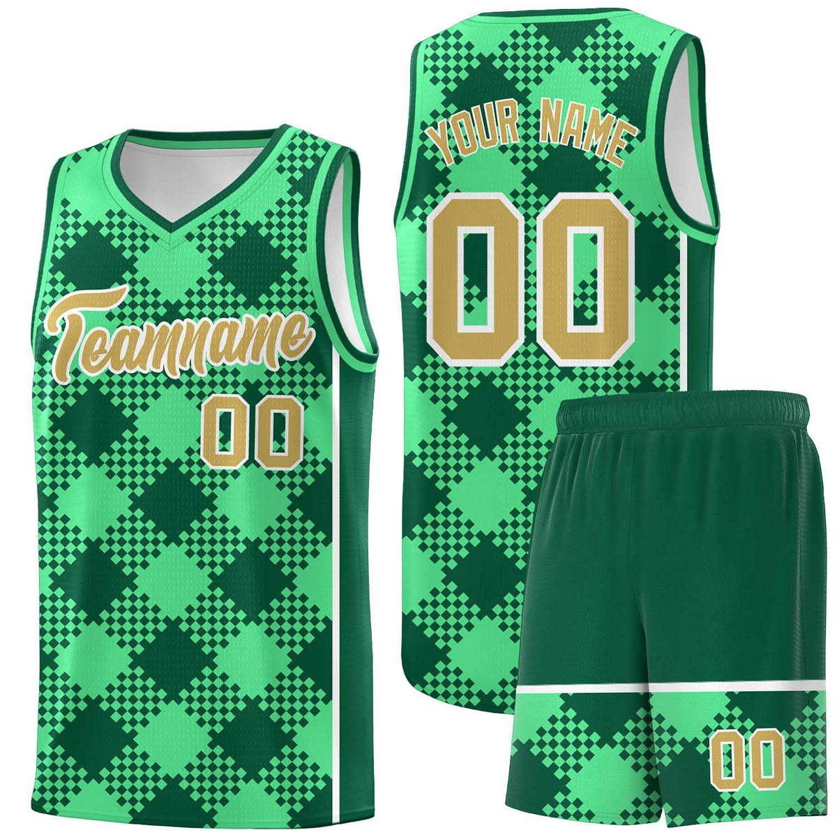 Personalized Green Kelly Green-White Grid Basketball Kits