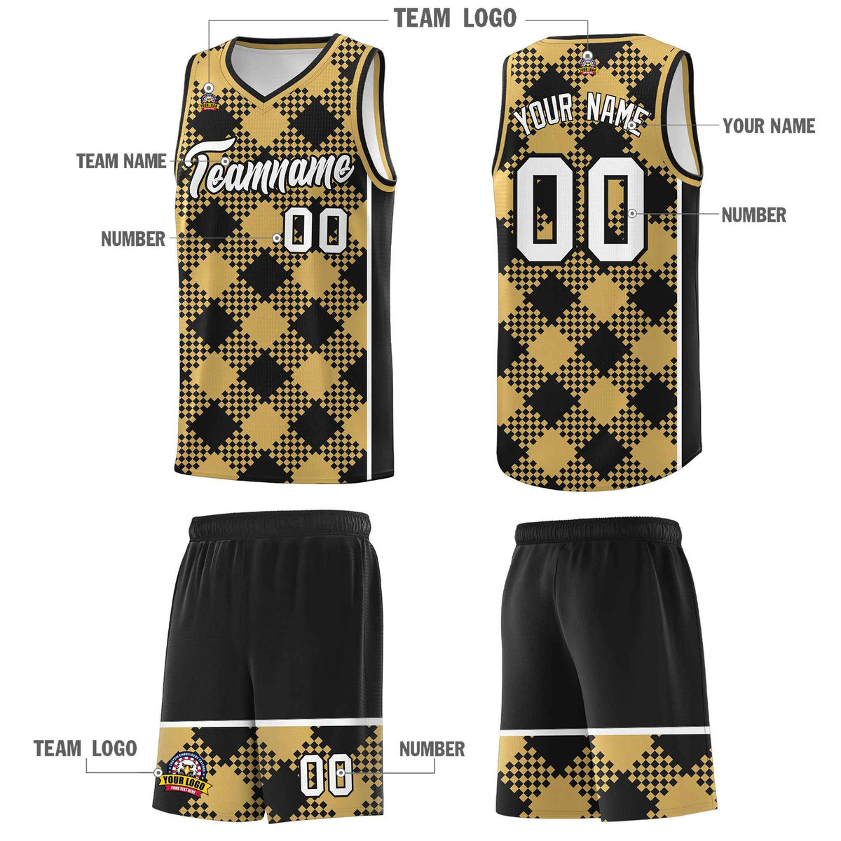 Personalized Old Gold Black-White Grid Basketball Kits