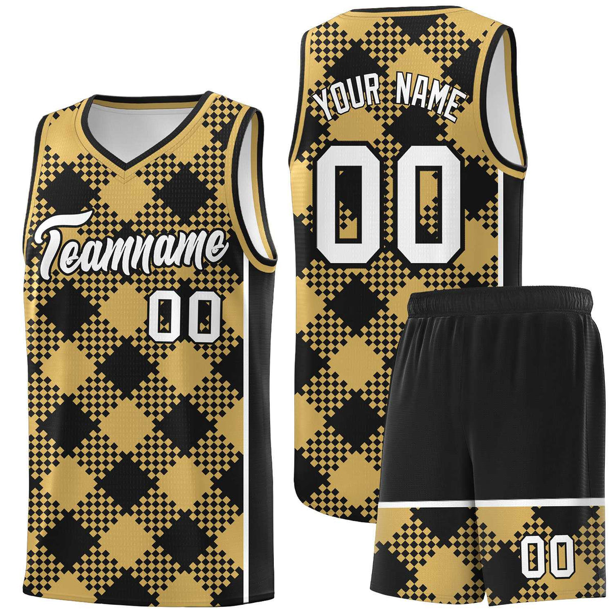 Personalized Old Gold Black-White Grid Basketball Kits