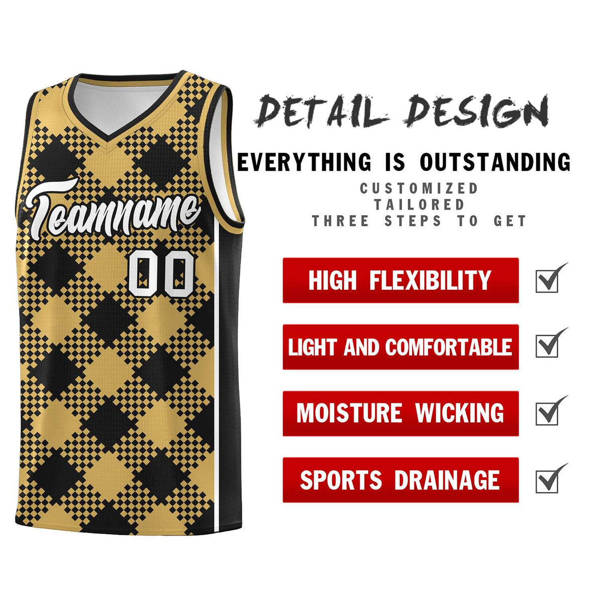 Personalized Old Gold Black-White Grid Basketball Kits