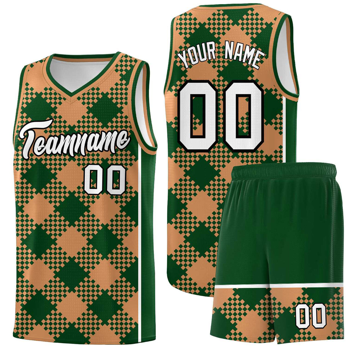 Personalized Green Buckskin Brown-White Grid Basketball Kits