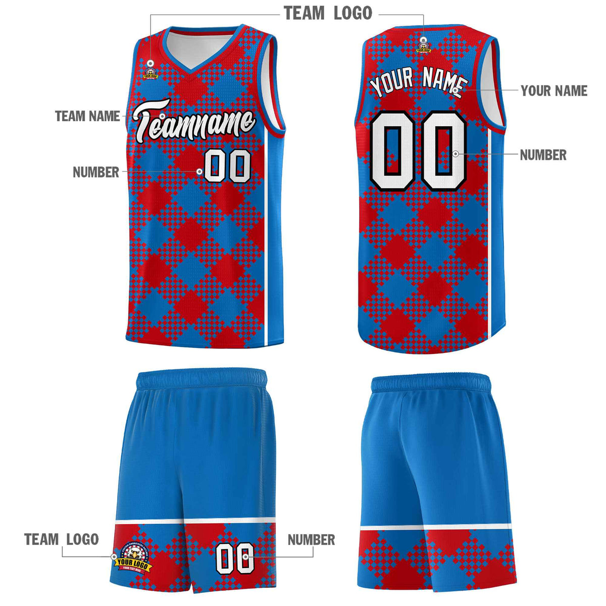 Personalized Royal Red-White Grid Basketball Kits