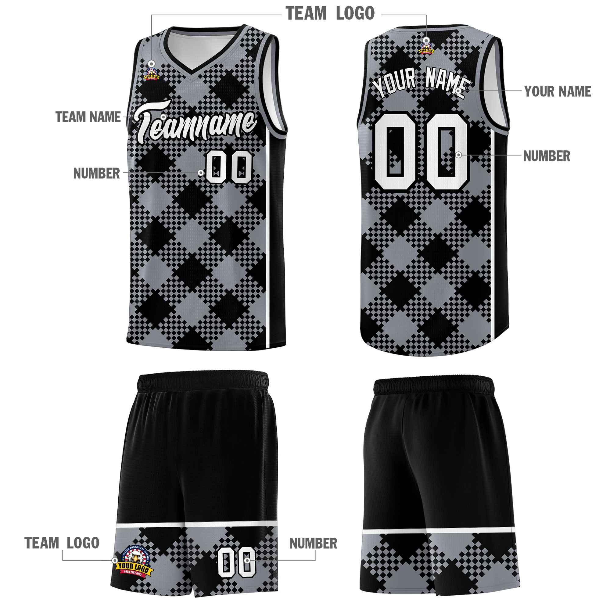 Personalized Gray Black-White Grid Basketball Kits