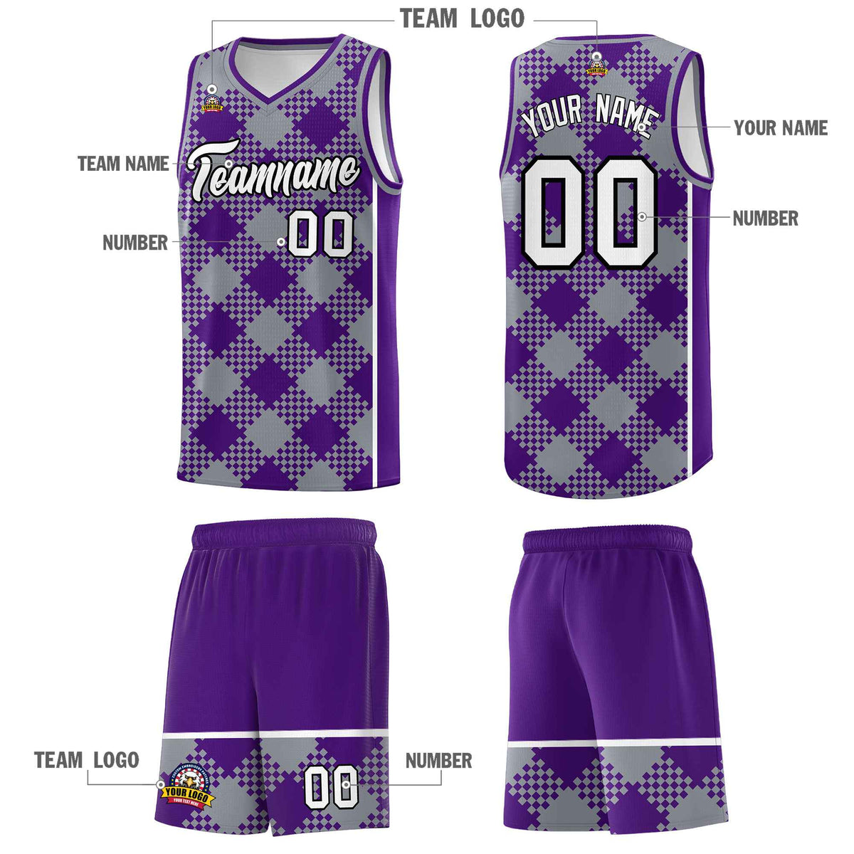 Personalized Gray Purple-White Grid Basketball Kits