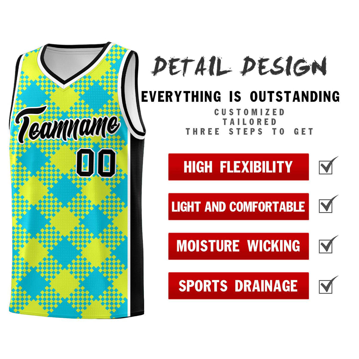 Personalized Sky Blue Fluorescent Green-White Grid Basketball Kits
