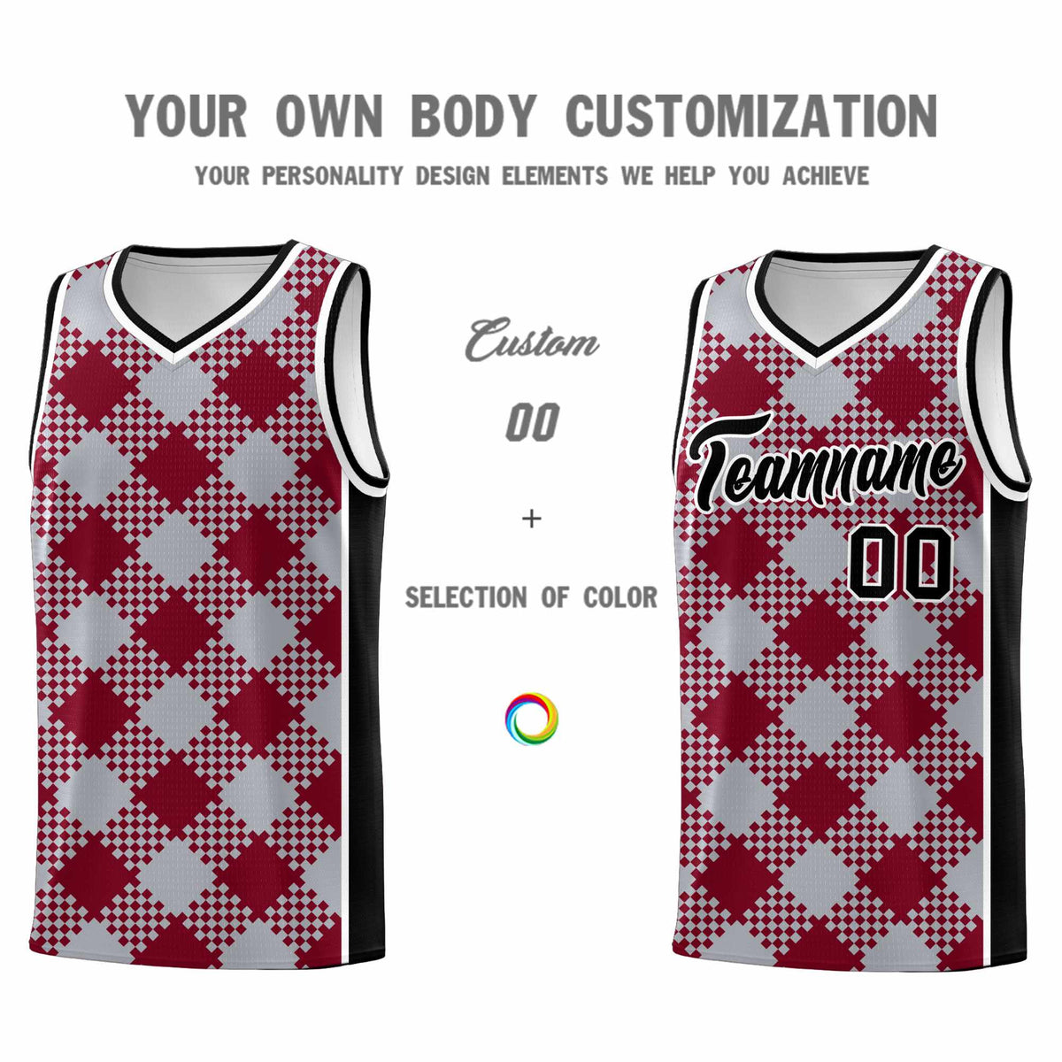 Personalized Gray Crimson-White Grid Basketball Kits