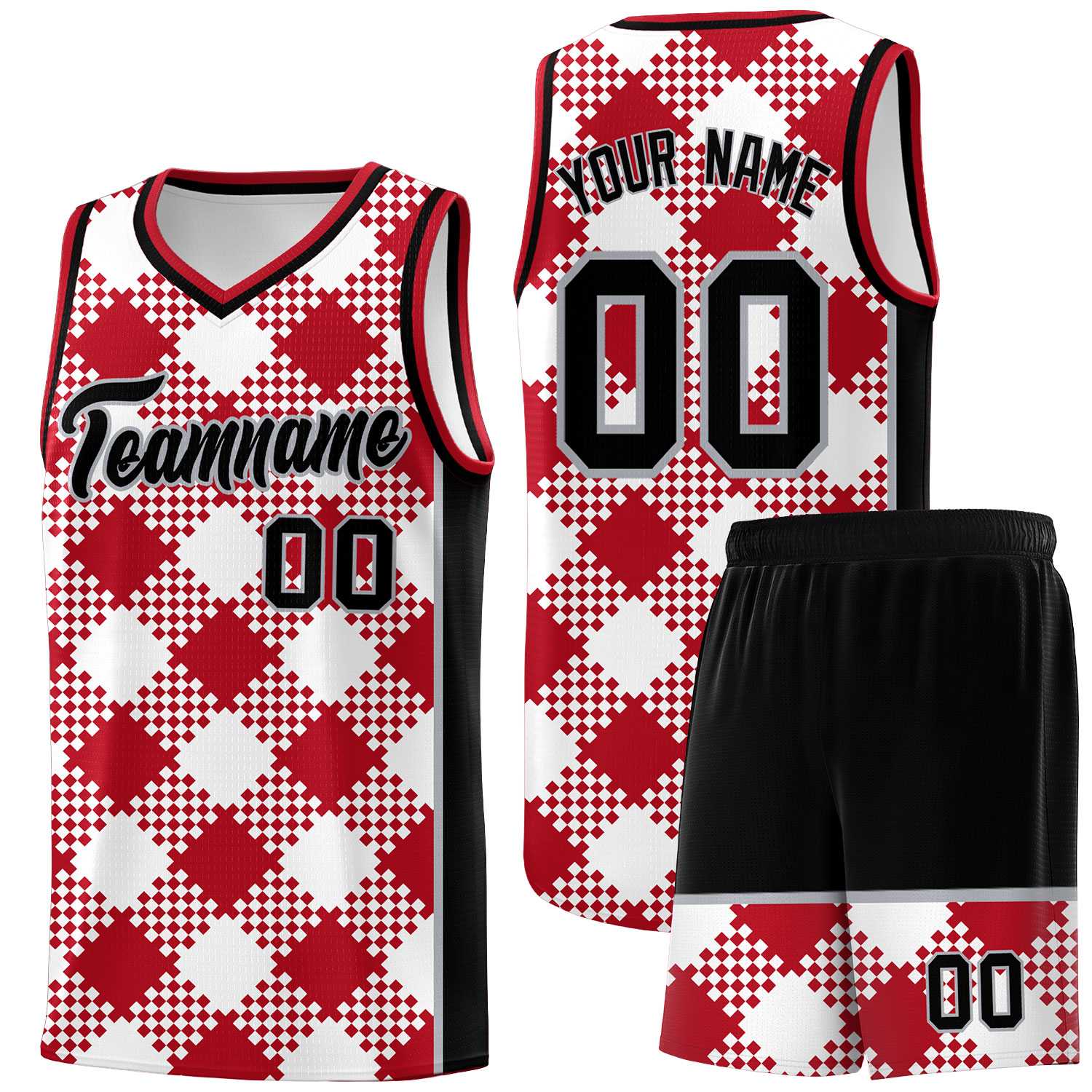 Personalized White Red-Gray Grid Basketball Kits