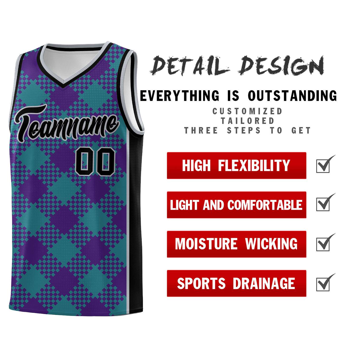 Personalized Purple Teal-Gray Grid Basketball Kits