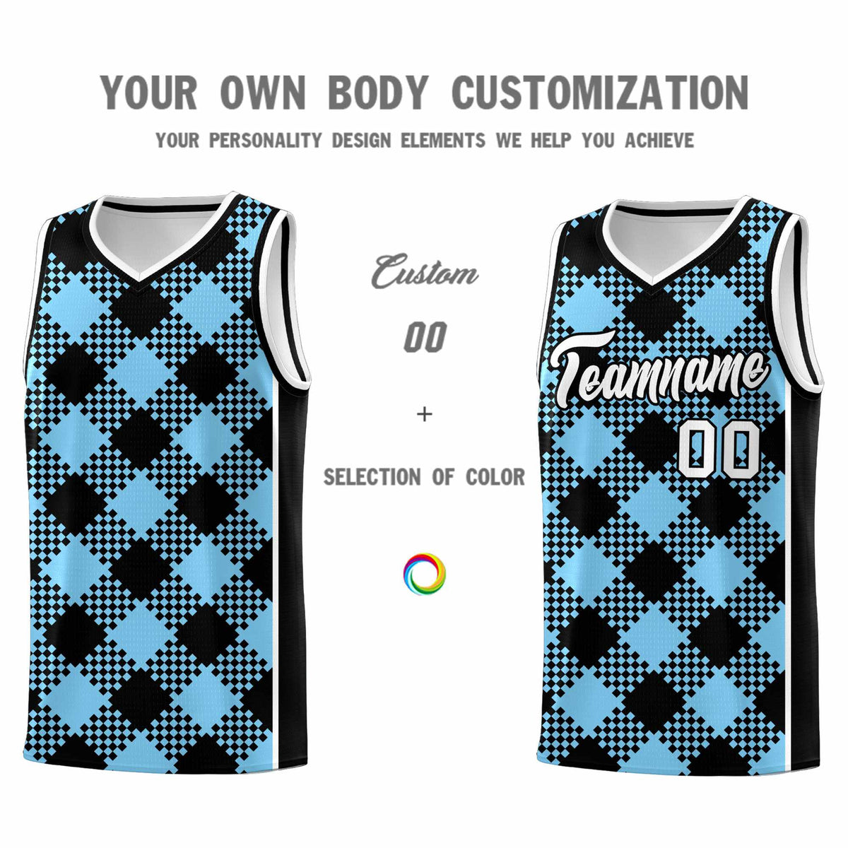 Personalized Light Blue White-Black Grid Basketball Kits
