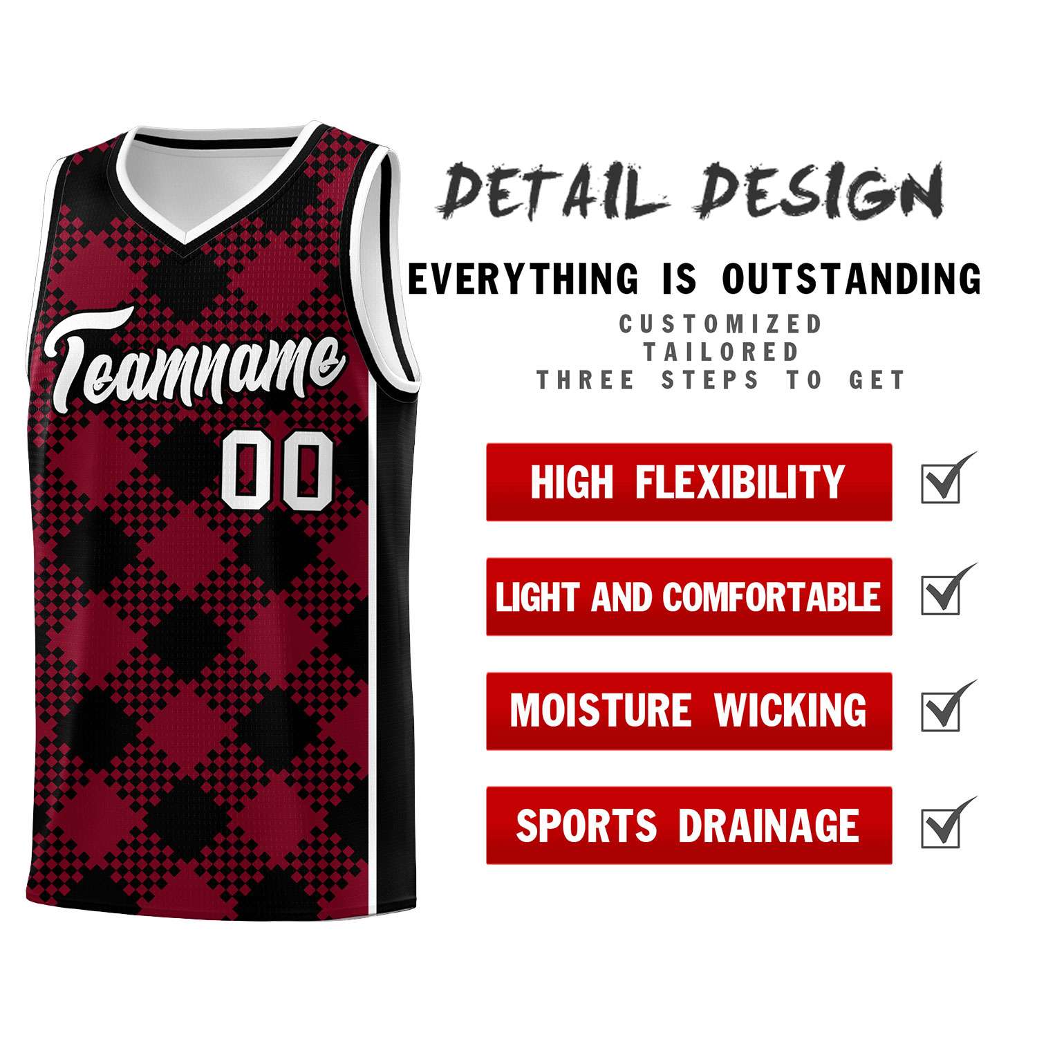Personalized Crimson Black-White Grid Basketball Kits