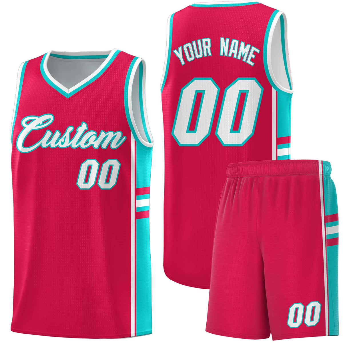 Custom Youth Basketball Jersey - Red Aqua Two-Tone Varsity Jersey Set