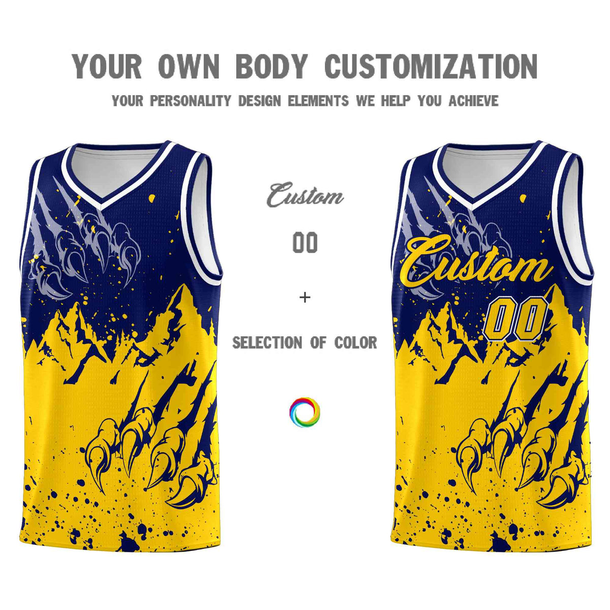 Custom Navy Gold Snow Mountain Beast Pattern Sports Uniform Basketball Jersey