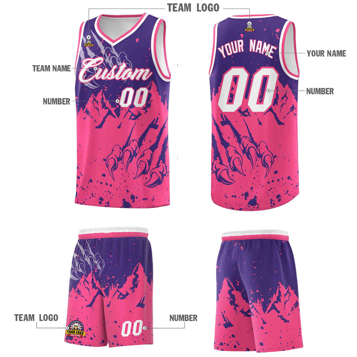 Custom Purple Pink Snow Mountain Beast Pattern Sports Uniform Basketball Jersey