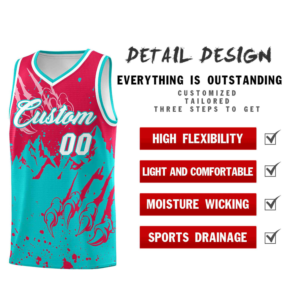 Custom Red Aqua Snow Mountain Beast Pattern Sports Uniform Basketball Jersey