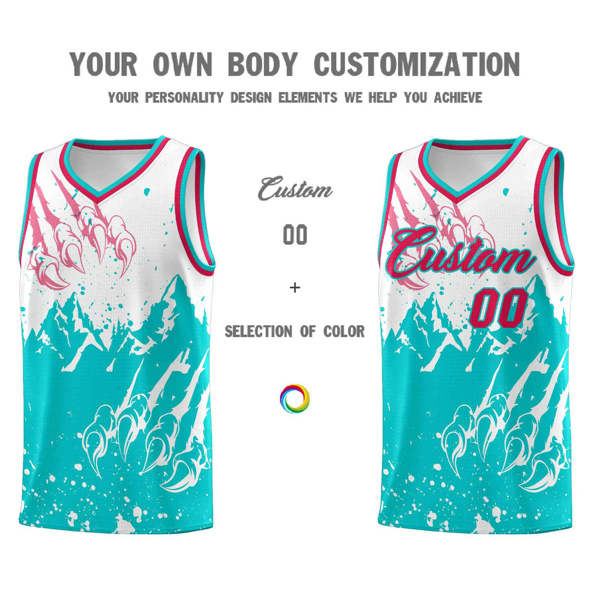 Custom White Aqua Snow Mountain Beast Pattern Sports Uniform Basketball Jersey