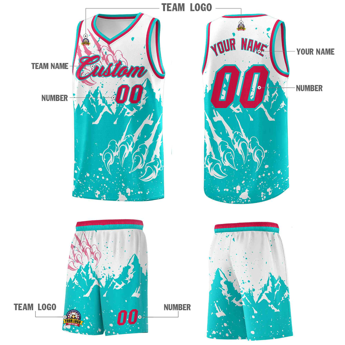 Custom White Aqua Snow Mountain Beast Pattern Sports Uniform Basketball Jersey