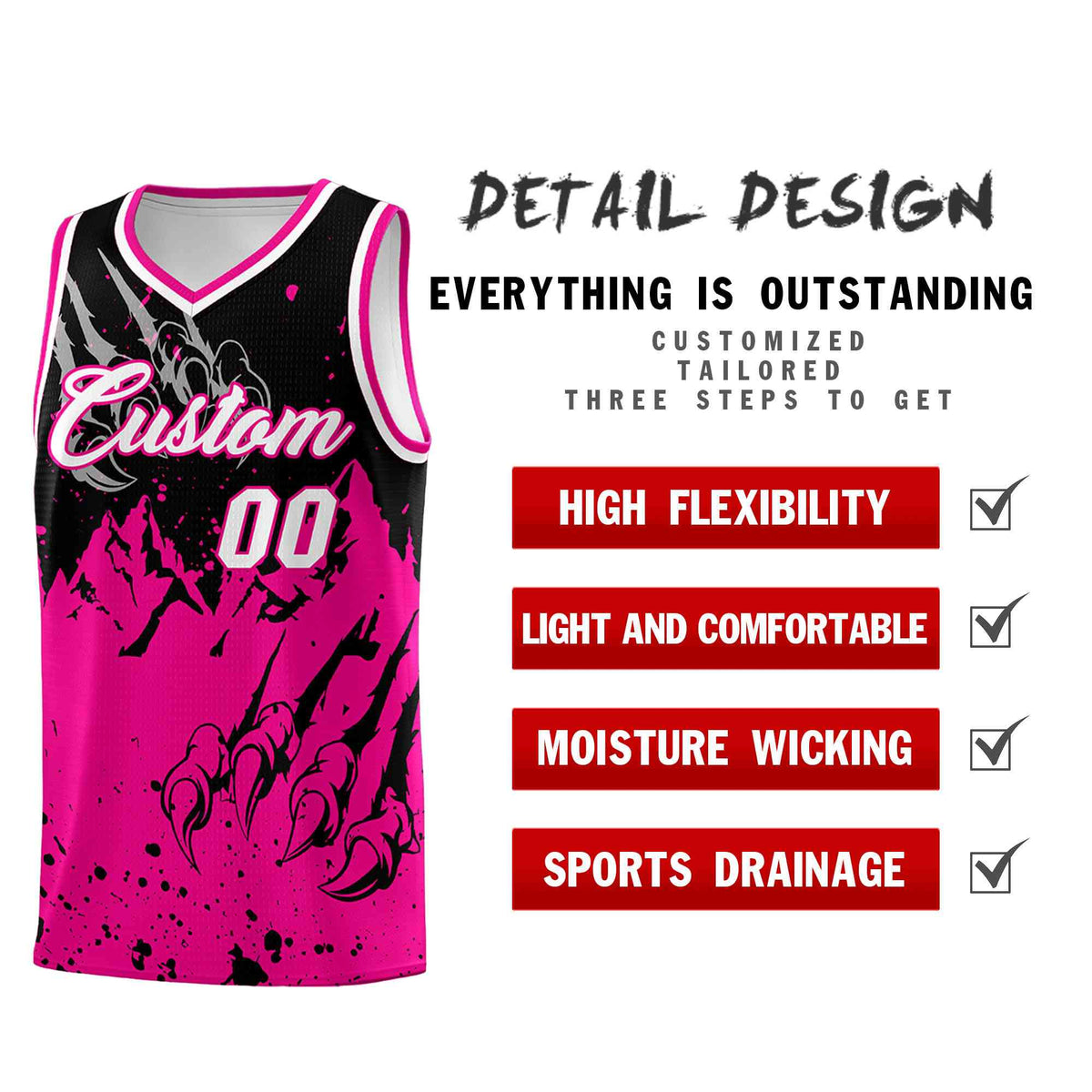 Custom Black Pink Snow Mountain Beast Pattern Sports Uniform Basketball Jersey