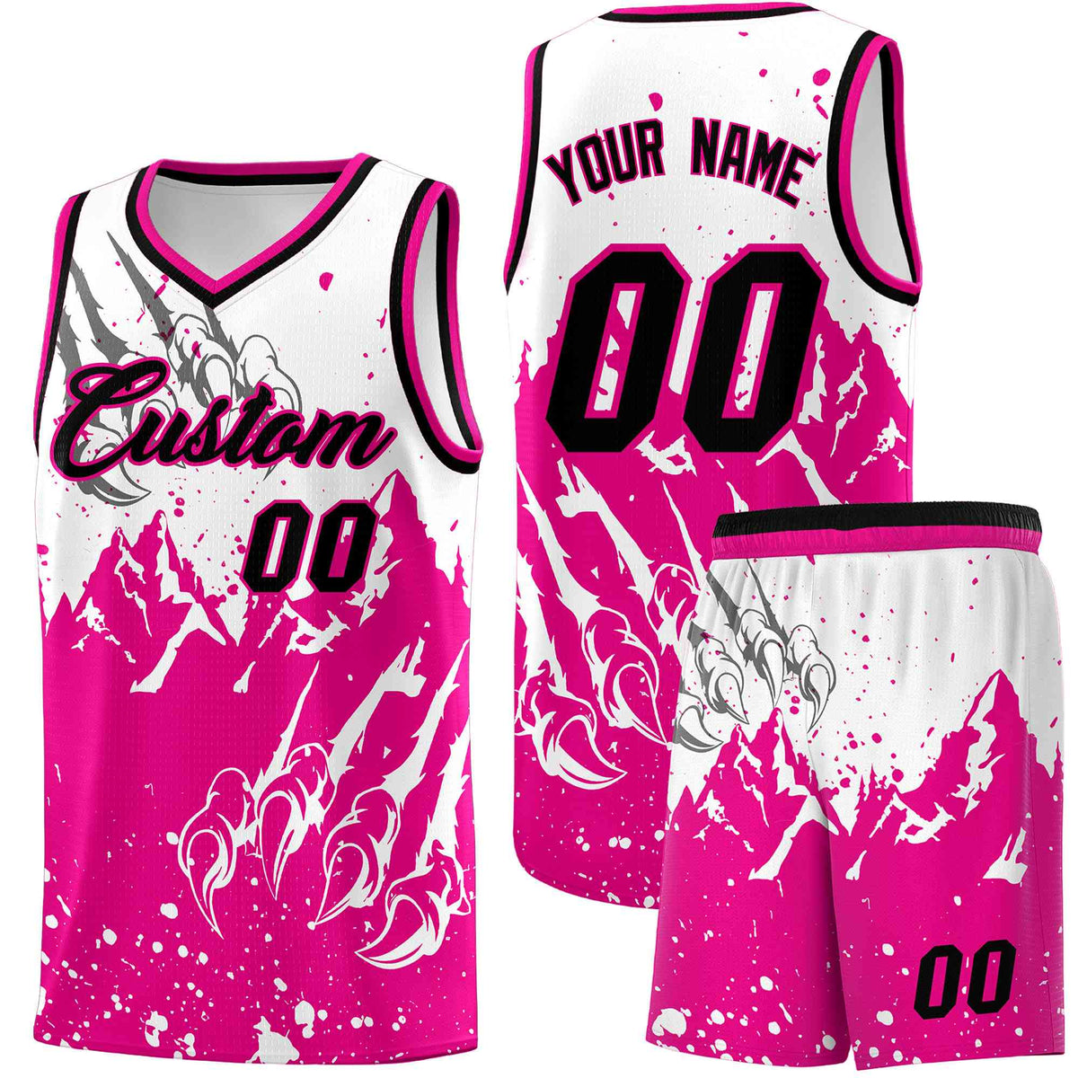 Custom White Pink Snow Mountain Beast Pattern Sports Uniform Basketball Jersey