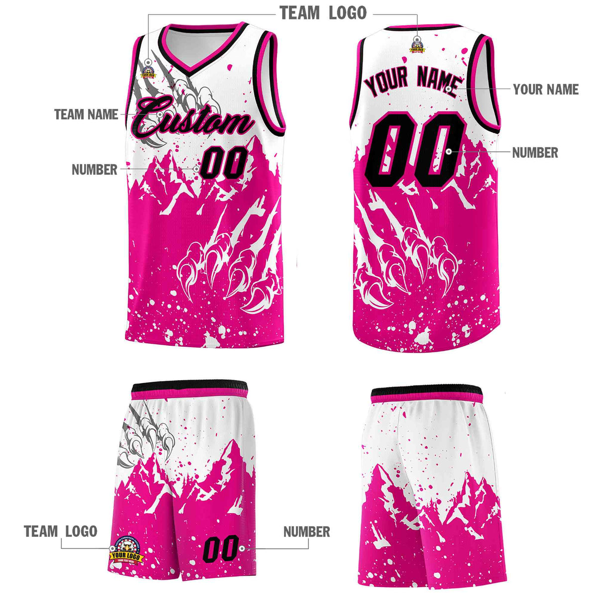 Custom White Pink Snow Mountain Beast Pattern Sports Uniform Basketball Jersey