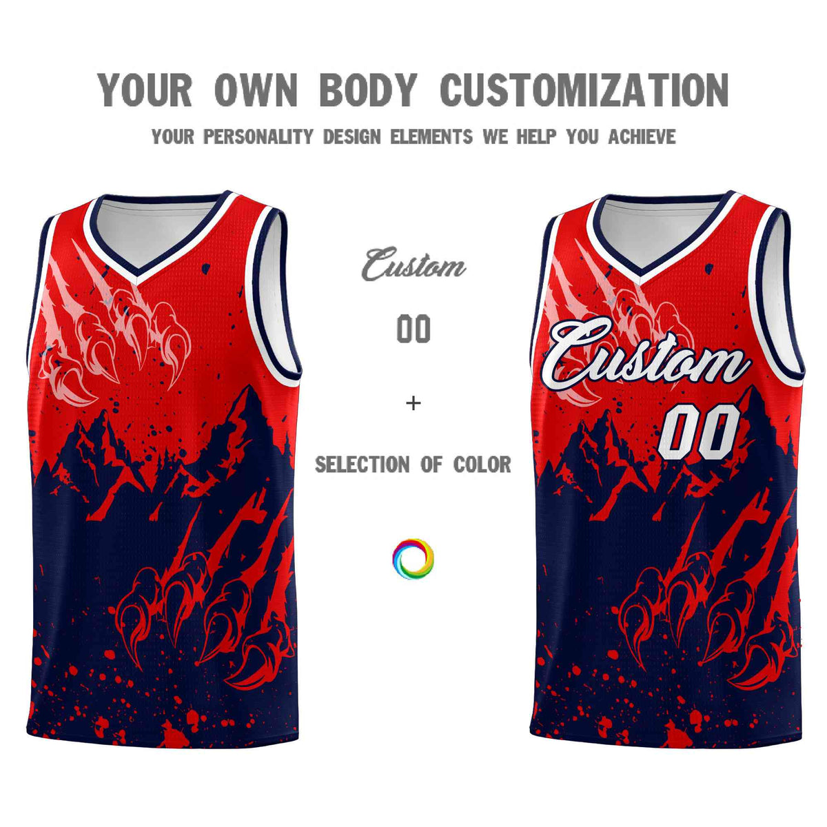 Custom Red Navy Snow Mountain Beast Pattern Sports Uniform Basketball Jersey