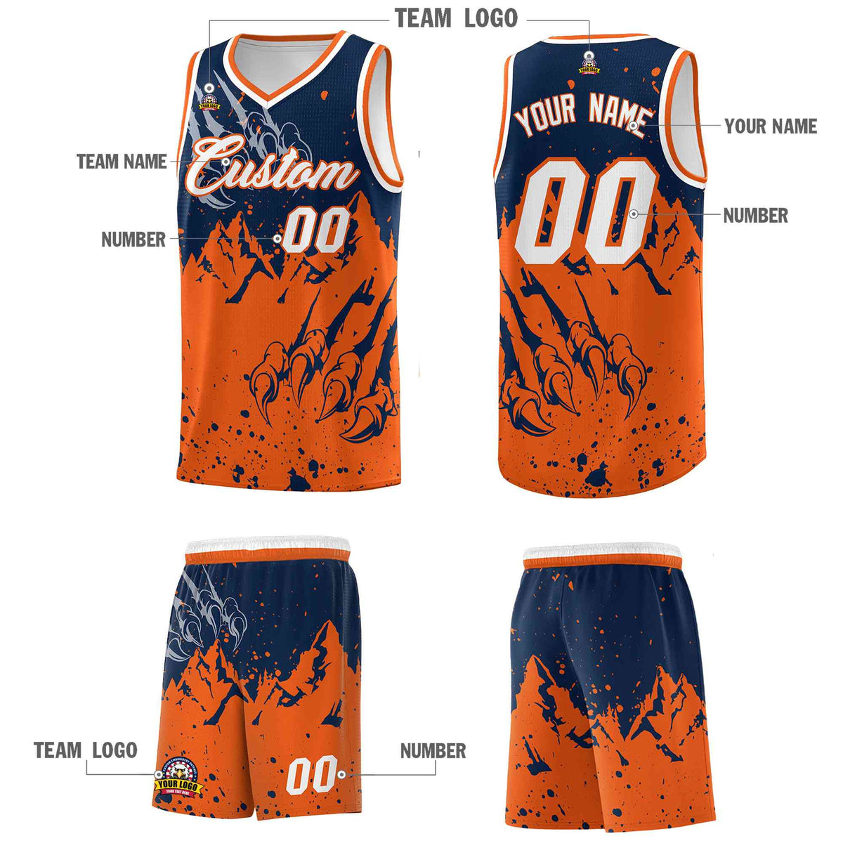 Custom Navy Orange Snow Mountain Beast Pattern Sports Uniform Basketball Jersey
