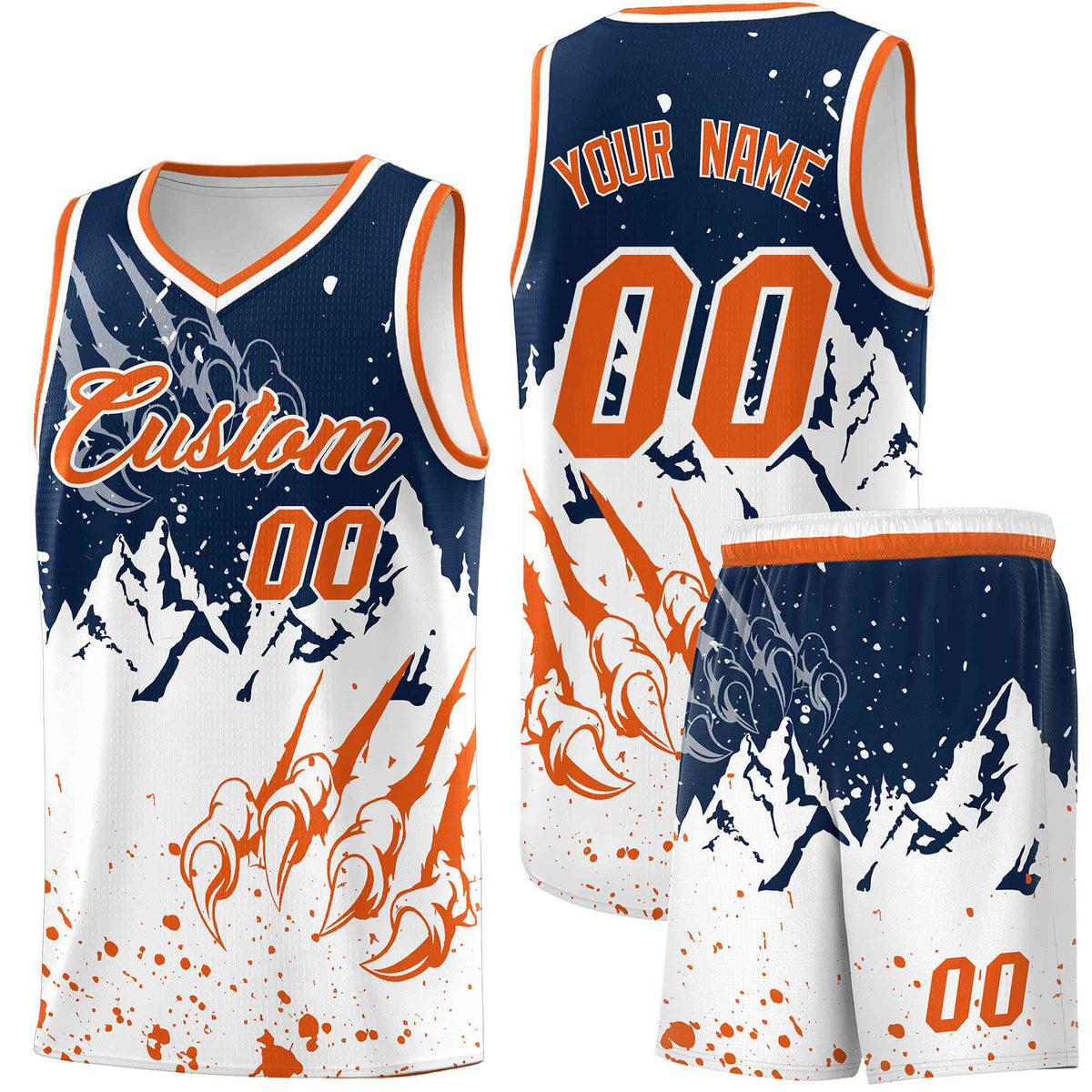 Custom Navy Orange Snow Mountain Beast Pattern Sports Uniform Basketball Jersey