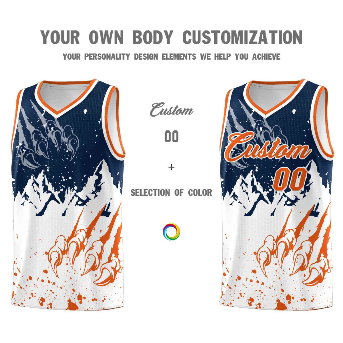 Custom Navy Orange Snow Mountain Beast Pattern Sports Uniform Basketball Jersey