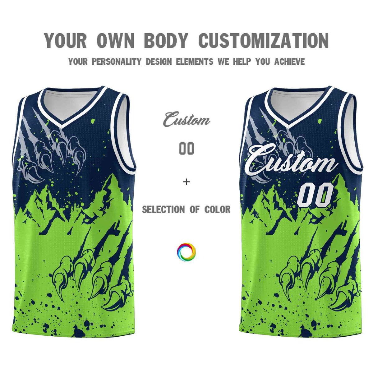 Custom Navy Fluorescent Green Snow Mountain Beast Pattern Sports Uniform Basketball Jersey