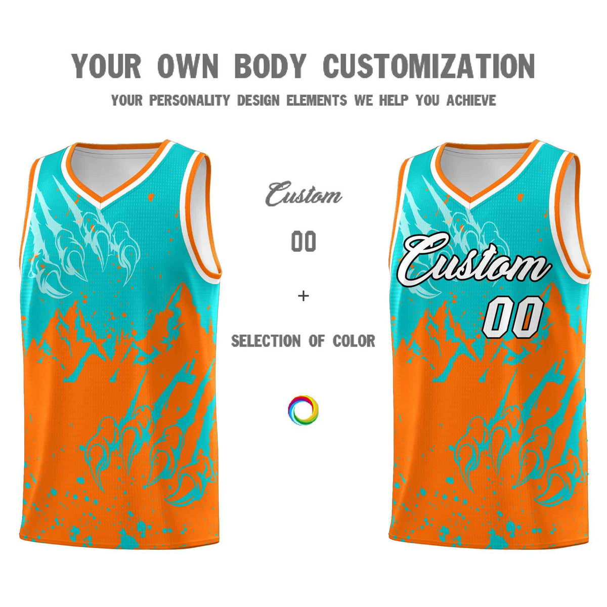 Custom Aqua Orange Snow Mountain Beast Pattern Sports Uniform Basketball Jersey