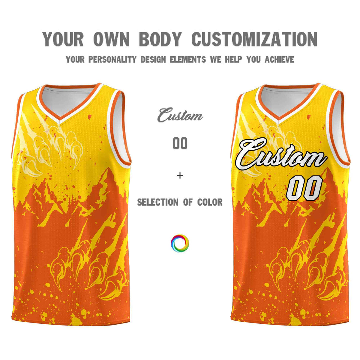 Custom Gold Orange Snow Mountain Beast Pattern Sports Uniform Basketball Jersey