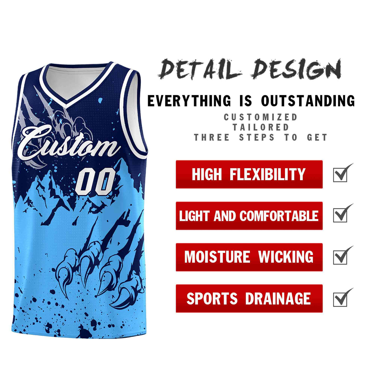 Custom Navy Powder Blue Snow Mountain Beast Pattern Sports Uniform Basketball Jersey