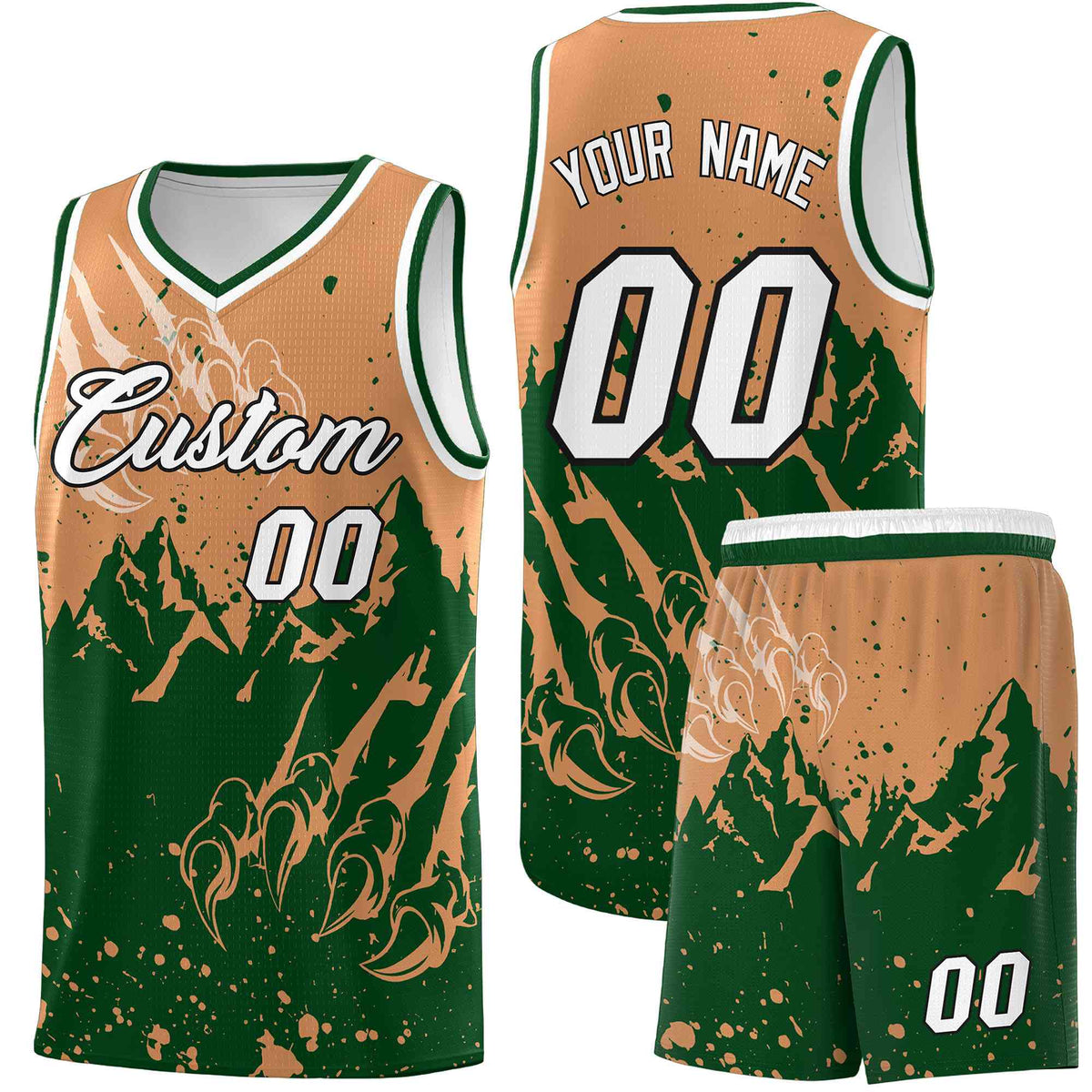 Custom Buckskin Brown Green Snow Mountain Beast Pattern Sports Uniform Basketball Jersey