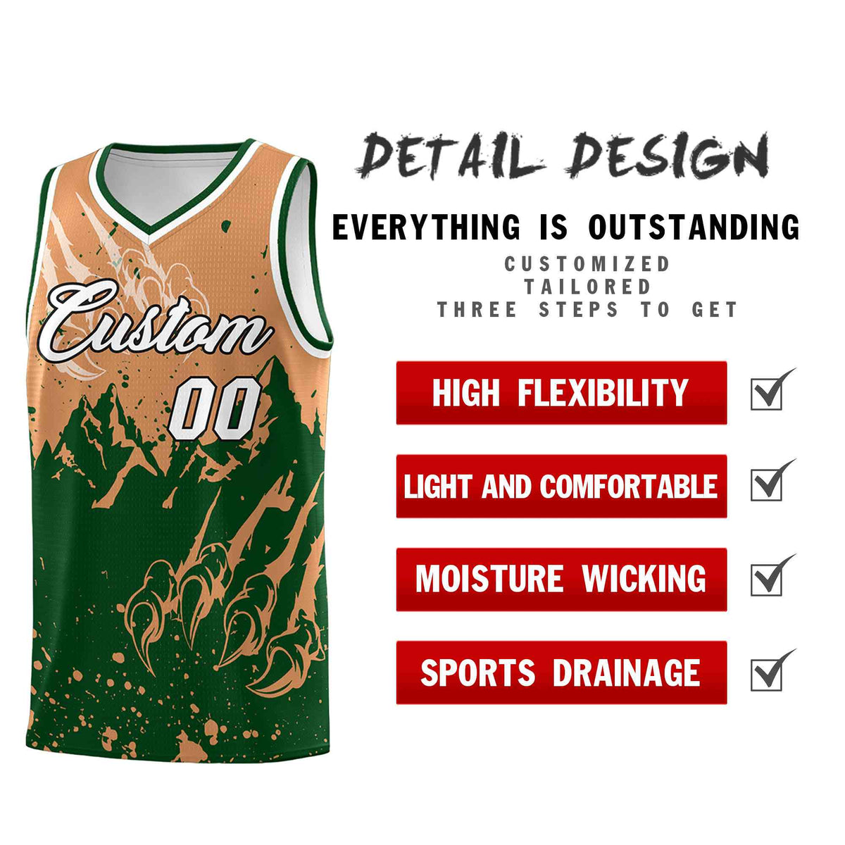 Custom Buckskin Brown Green Snow Mountain Beast Pattern Sports Uniform Basketball Jersey