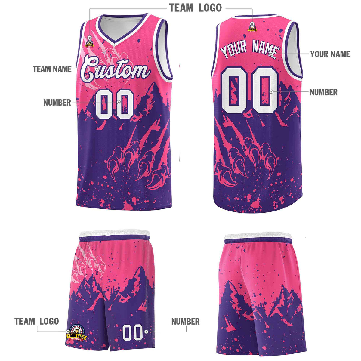 Custom Pink Purple Snow Mountain Beast Pattern Sports Uniform Basketball Jersey