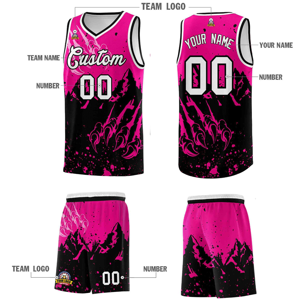 Custom Pink Black Snow Mountain Beast Pattern Sports Uniform Basketball Jersey