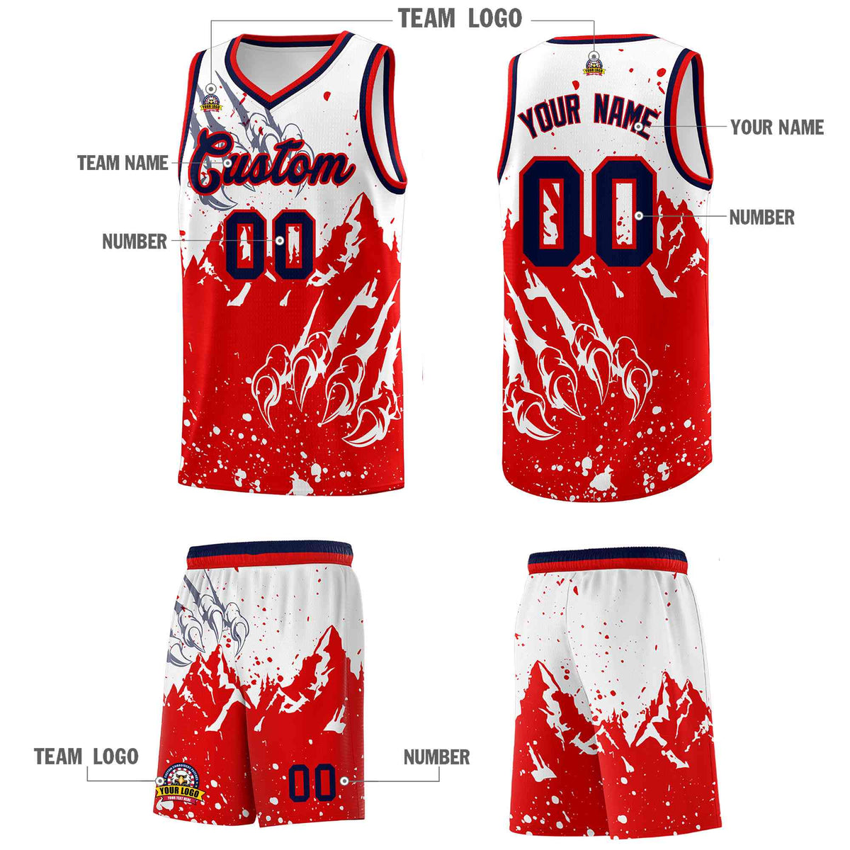 Custom White Red Snow Mountain Beast Pattern Sports Uniform Basketball Jersey